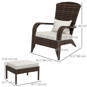 Wicker Adirondack Chair with Ottoman, Patio Cushioned Muskoka Chair, Outdoor Fire Pit Chair with High-back and Armrests, for Deck, Garden, Backyard, Brown/Cream White