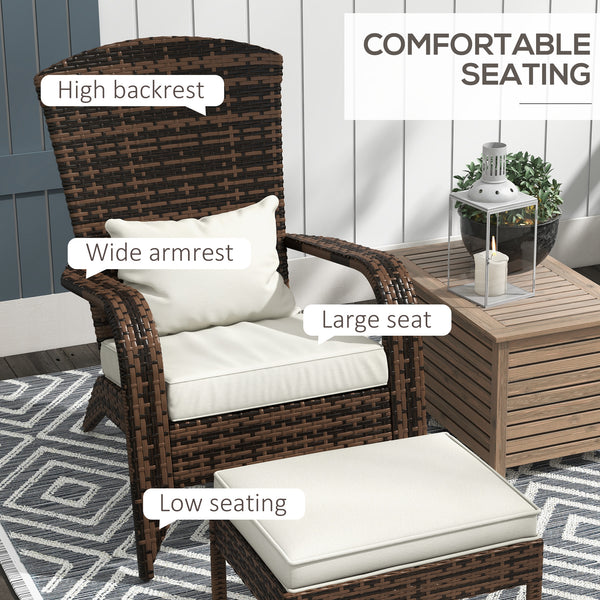 Wicker Adirondack Chair with Ottoman, Patio Cushioned Muskoka Chair, Outdoor Fire Pit Chair with High-back and Armrests, for Deck, Garden, Backyard, Brown/Cream White