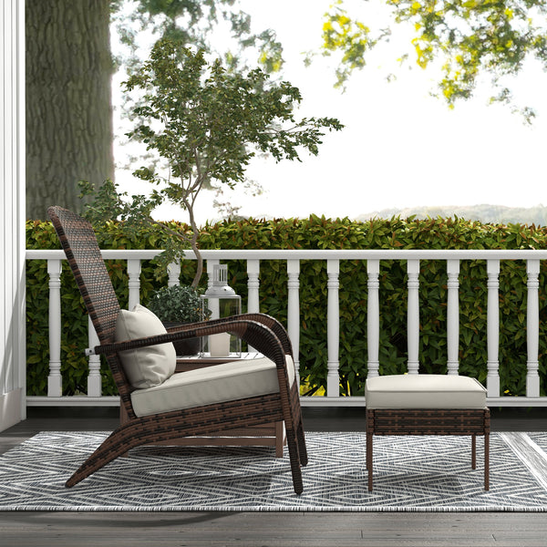 Wicker Adirondack Chair with Ottoman, Patio Cushioned Muskoka Chair, Outdoor Fire Pit Chair with High-back and Armrests, for Deck, Garden, Backyard, Brown/Cream White