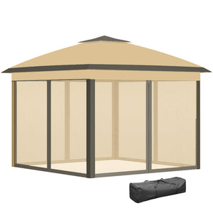 3.3 x 3.3m Pop Up Gazebo, Double Roof Foldable Canopy Tent with Zipped Mesh Sidewalls, Height Adjustable and Carrying Bag, Event Tent for Patio Garden, Beige