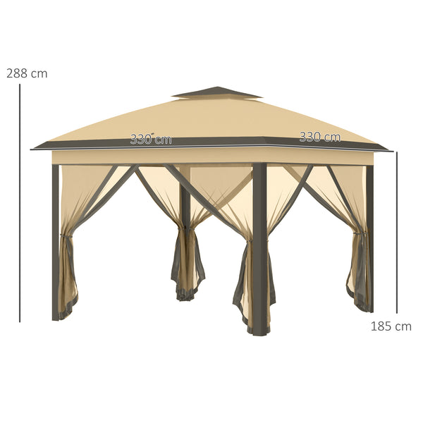 3.3 x 3.3m Pop Up Gazebo, Double Roof Foldable Canopy Tent with Zipped Mesh Sidewalls, Height Adjustable and Carrying Bag, Event Tent for Patio Garden, Beige