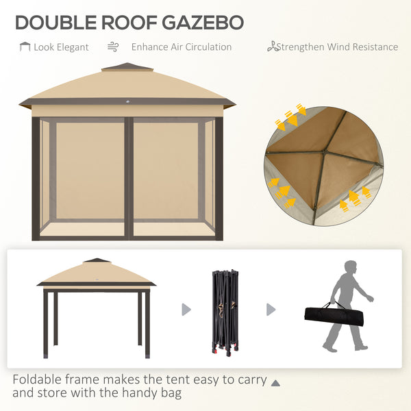 3.3 x 3.3m Pop Up Gazebo, Double Roof Foldable Canopy Tent with Zipped Mesh Sidewalls, Height Adjustable and Carrying Bag, Event Tent for Patio Garden, Beige