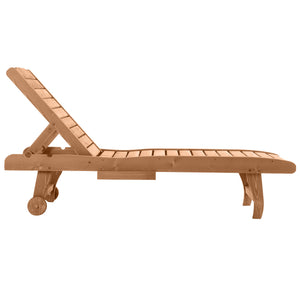 Garden Patio Sun Lounger, Outdoor Wooden Sun Bed with Built-In Table, Reclining Backrest and Rolling Wheels for Sunbathing, Red Brown