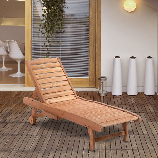 Wooden Outdoor Lounge Chair, Adjustable Patio Outdoor Chaise Recliner Garden Furniture, Tanning Chair with Pull-out Tray and 2 Wheels, Brown