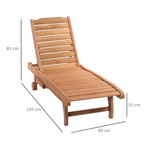 Garden Patio Sun Lounger, Outdoor Wooden Sun Bed with Built-In Table, Reclining Backrest and Rolling Wheels for Sunbathing, Red Brown