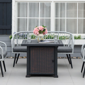 Square Propane Gas Fire Pit Table, 50000 BTU Rattan Smokeless Firepit Patio Heater with Glass Screen, Glass Beads and Lid, 81cm x 81cm x 64cm, Black