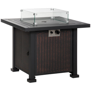 Square Propane Gas Fire Pit Table, 50000 BTU Rattan Smokeless Firepit Patio Heater with Glass Screen, Glass Beads and Lid, 81cm x 81cm x 64cm, Black