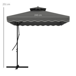 2.5m Cantilever Parasol with Easy Lever, Square Double Top Garden Parasol Umbrella with Ruffles and Cross Base, Overhanging Outdoor Sun Shades, Dark Grey