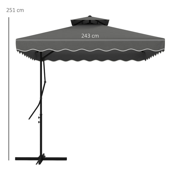 2.5m Cantilever Parasol with Easy Lever, Square Double Top Garden Parasol Umbrella with Ruffles and Cross Base, Overhanging Outdoor Sun Shades, Dark Grey