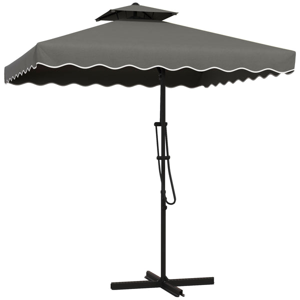 2.5m Cantilever Parasol with Easy Lever, Square Double Top Garden Parasol Umbrella with Ruffles and Cross Base, Overhanging Outdoor Sun Shades, Dark Grey