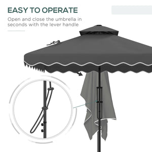 2.5m Cantilever Parasol with Easy Lever, Square Double Top Garden Parasol Umbrella with Ruffles and Cross Base, Overhanging Outdoor Sun Shades, Dark Grey