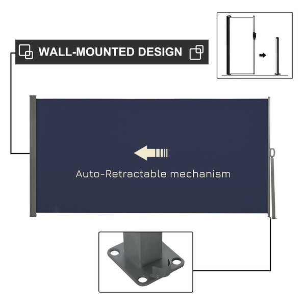 118" x 63" Retractable Side Awning Patio Outdoor Folding Privacy Screen with Resistance to UV Rays & Wind, Dark Blue