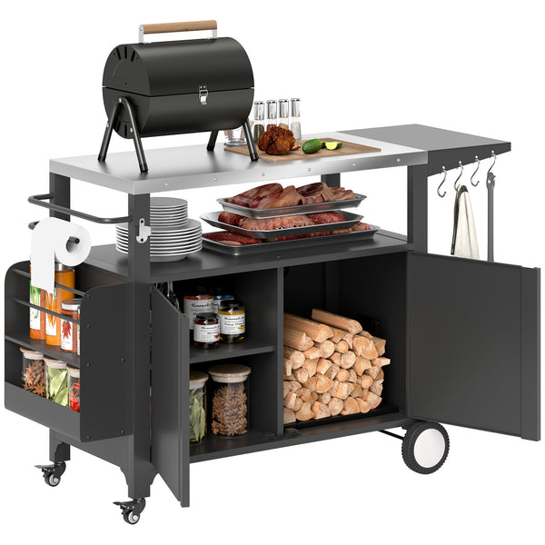 Outdoor Grill Cart with Foldable Side Table, 37.8" x 18.1" Pizza Oven Stand with Stainless Steel Tabletop, Storage & Towel Rack, Hooks, Movable Food Prep Table on Wheels