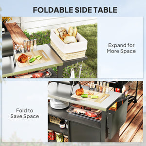 Outdoor Grill Cart with Foldable Side Table, 37.8" x 18.1" Pizza Oven Stand with Stainless Steel Tabletop, Storage & Towel Rack, Hooks, Movable Food Prep Table on Wheels