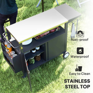 Outdoor Grill Cart with Foldable Side Table, 37.8" x 18.1" Pizza Oven Stand with Stainless Steel Tabletop, Storage & Towel Rack, Hooks, Movable Food Prep Table on Wheels