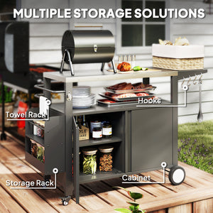 Outdoor Grill Cart with Foldable Side Table, 37.8" x 18.1" Pizza Oven Stand with Stainless Steel Tabletop, Storage & Towel Rack, Hooks, Movable Food Prep Table on Wheels