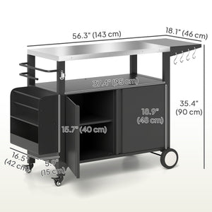 Outdoor Grill Cart with Foldable Side Table, 37.8" x 18.1" Pizza Oven Stand with Stainless Steel Tabletop, Storage & Towel Rack, Hooks, Movable Food Prep Table on Wheels