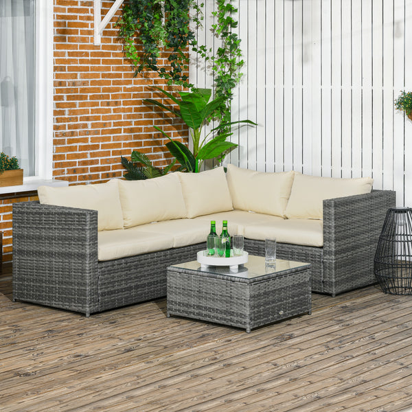 3 Pieces PE Rattan Garden Furniture Set with 10 cm Thick Cushions, 4 Seater Garden Corner Sofa Set with Glass Top Coffee Table, Outdoor Furniture for Patio, Porch, Beige