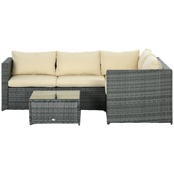 3 Pieces PE Rattan Garden Furniture Set with 10 cm Thick Cushions, 4 Seater Garden Corner Sofa Set with Glass Top Coffee Table, Outdoor Furniture for Patio, Porch, Beige