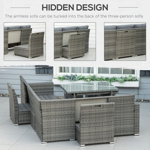 10 Seater Rattan Dining Set with Expandable Table and Nesting Chairs, Rattan Garden Furniture Set with Cushions, Outdoor Dining Table and Chairs, Sectional Corner Sofa Set, Grey