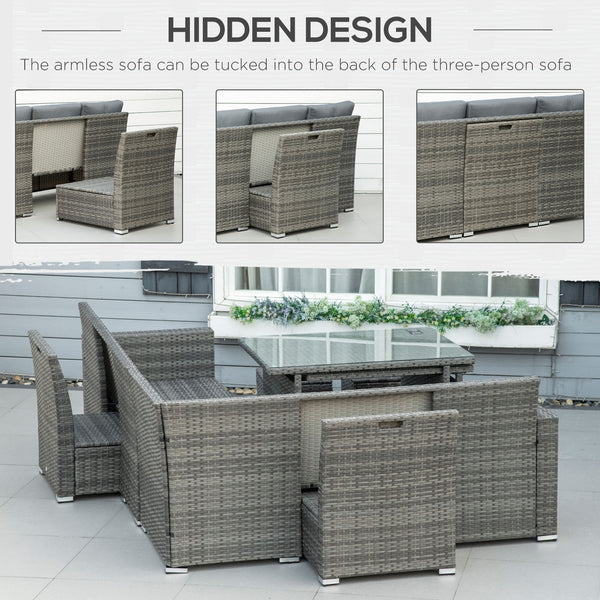 10 Seater Rattan Dining Set with Expandable Table and Nesting Chairs, Rattan Garden Furniture Set with Cushions, Outdoor Dining Table and Chairs, Sectional Corner Sofa Set, Grey