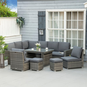 10 Seater Rattan Dining Set with Expandable Table and Nesting Chairs, Rattan Garden Furniture Set with Cushions, Outdoor Dining Table and Chairs, Sectional Corner Sofa Set, Grey