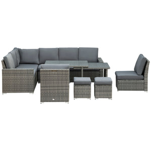 10 Seater Rattan Dining Set with Expandable Table and Nesting Chairs, Rattan Garden Furniture Set with Cushions, Outdoor Dining Table and Chairs, Sectional Corner Sofa Set, Grey