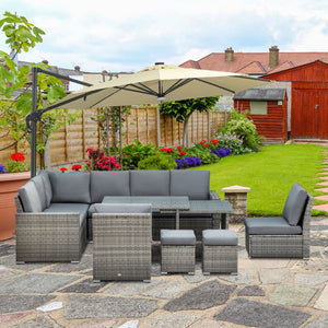 10 Seater Rattan Dining Set with Expandable Table and Nesting Chairs, Rattan Garden Furniture Set with Cushions, Outdoor Dining Table and Chairs, Sectional Corner Sofa Set, Grey