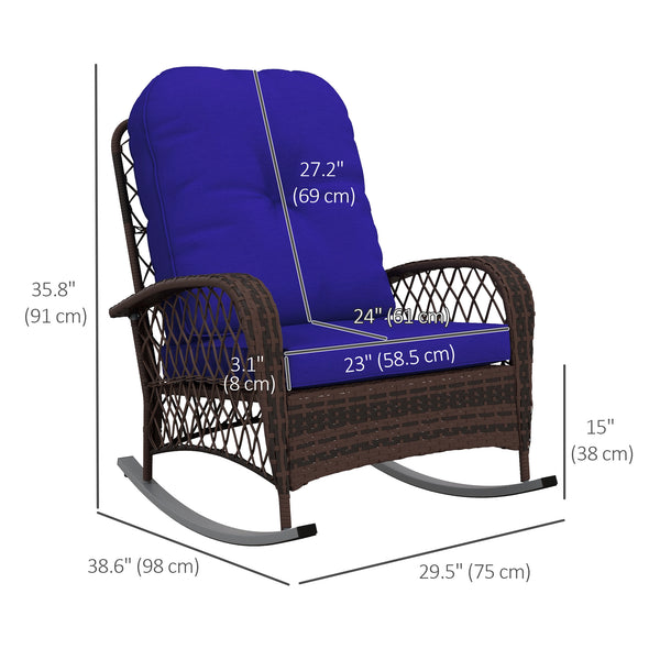 Rattan Rocking Chair, Outdoor Wicker Patio Rocker Chair Furniture with Thick Cushions, for Garden Backyard Porch, Dark Blue