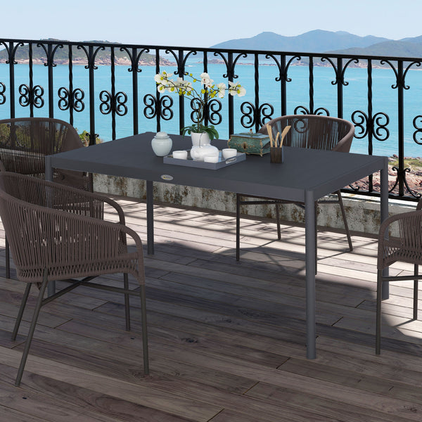 145cm Garden Table, Rectangle Outdoor Dining Table for 6 People, with Slatted Aluminium Top and Steel Legs, for Lawn, Balcony, Dark Grey