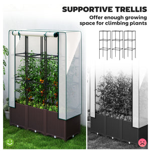 Raised Garden Bed with Trellis, Plastic Planter Box with PE Cover, Drainage Holes and Drain Plugs for Climbing Plants, Vegetables, Flowers, 120 x 40 x 140 cm