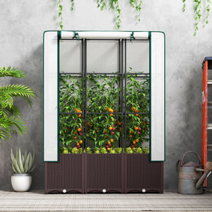 Raised Garden Bed with Trellis, Plastic Planter Box with PE Cover, Drainage Holes and Drain Plugs for Climbing Plants, Vegetables, Flowers, 120 x 40 x 140 cm