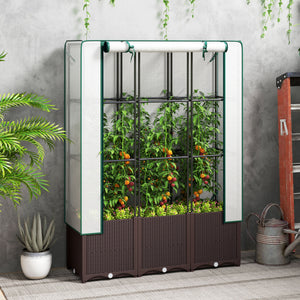 Raised Garden Bed with Trellis, Plastic Planter Box with PE Cover, Drainage Holes and Drain Plugs for Climbing Plants, Vegetables, Flowers, 120 x 40 x 140 cm