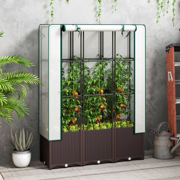 Raised Garden Bed with Trellis, Plastic Planter Box with PE Cover, Drainage Holes and Drain Plugs for Climbing Plants, Vegetables, Flowers, 120 x 40 x 140 cm