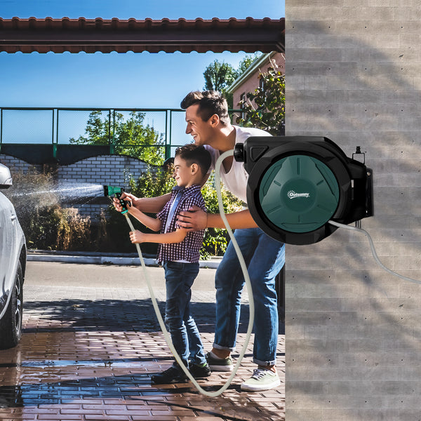 Retractable Garden Hose Reel, 1/2 in x 100ft Wall Mounted Water Hose Reel with 7- Function Sprayer Nozzle, Auto Rewind, Any Length Lock, 180° Swivel Bracket, Black