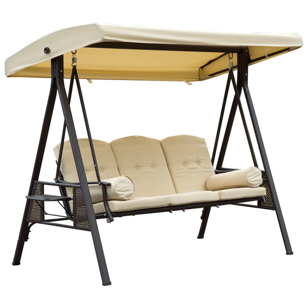 3 Seater Canopy Swing Chair, Outdoor Garden Swing Seat with Adjustable Canopy, Cushions and Cup Trays, Steel Frame, Beige