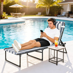 Folding Chaise Lounge Chair, Patio Sun Tanning Chair, Outdoor Chaise Lounger with 4-Position Reclining Back, Breathable Mesh Seat for Beach, Poolside, Yard, Blue and White
