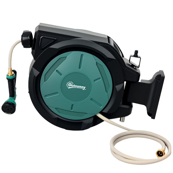 Retractable Garden Hose Reel, 1/2 in x 65ft Wall Mounted Water Hose Reel with 7- Function Sprayer Nozzle, Auto Rewind, Any Length Lock, 180° Swivel Bracket, Blue