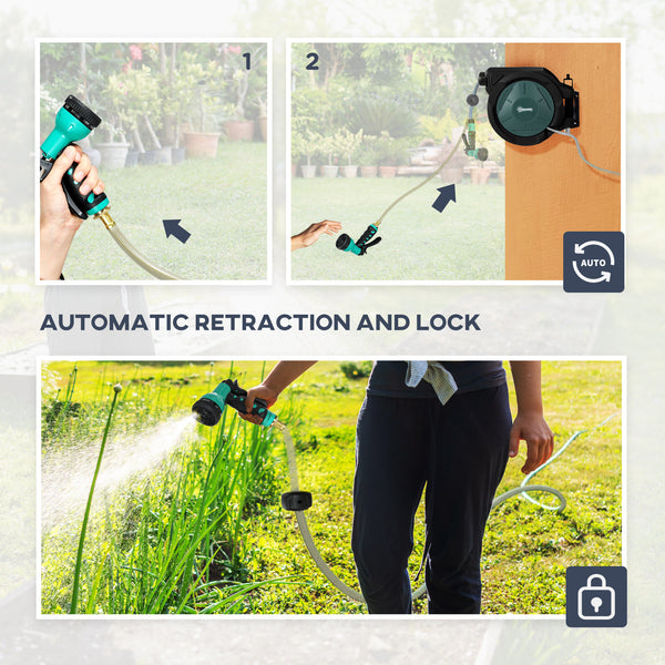 Retractable Garden Hose Reel, 1/2 in x 65ft Wall Mounted Water Hose Reel with 7- Function Sprayer Nozzle, Auto Rewind, Any Length Lock, 180° Swivel Bracket, Blue