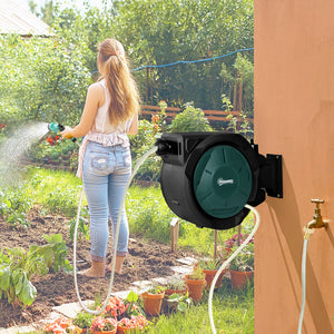 Retractable Garden Hose Reel, 1/2 in x 65ft Wall Mounted Water Hose Reel with 7- Function Sprayer Nozzle, Auto Rewind, Any Length Lock, 180° Swivel Bracket, Blue
