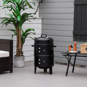 Vertical Charcoal BBQ Smoker, 3-in-1 16" Round Charcoal Barbecue Grill with 2 Cooking Area, and Thermometer for Outdoor Camping Picnic Backyard Cooking, Black