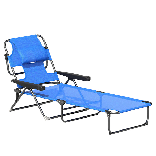 Folding Lounge Chair with 4-level Reclining Back, Outdoor Tanning Chair with Reading Hole, Outdoor Chaise Lounge Chair with Headrest, for Beach, Yard, Patio, Dark Blue