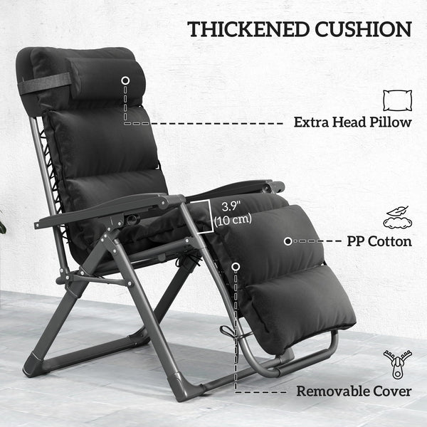Reclining Zero Gravity Chair with Adjustable Backrest, Folding Garden Sun Lounger with Removable Cushion, Headrest Cup Phone Holder Tray, Set of 2, Black