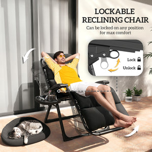 Reclining Zero Gravity Chair with Adjustable Backrest, Folding Garden Sun Lounger with Removable Cushion, Headrest Cup Phone Holder Tray, Set of 2, Black