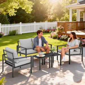 4 Seater Garden Furniture Set, 5 Piece Metal Garden Sofa Set with Thickened Cushions, Outdoor Patio Conversation Furniture with Loveseat, 2 Armchairs, 2 Coffee Tables for Balcony, Light Grey