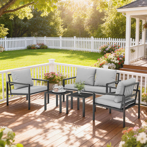 4 Seater Garden Furniture Set, 5 Piece Metal Garden Sofa Set with Thickened Cushions, Outdoor Patio Conversation Furniture with Loveseat, 2 Armchairs, 2 Coffee Tables for Balcony, Light Grey
