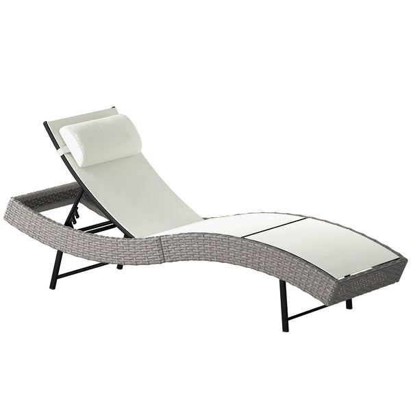 Rattan Sun Lounger, 5 Position Adjustable Garden Lounger Recliner with S Shaped Texteline Seat and Headrest, Reclining Outdoor Sunbed with Metal Frame for Patio, Terrace, Cream White