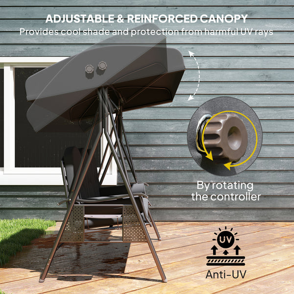 3 Seater Canopy Swing Chair, Outdoor Garden Swing Seat with Adjustable Canopy, Cushions and Cup Trays, Steel Frame, Dark Grey