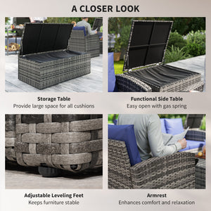 6 Pieces Wicker Patio Furniture Set with Cushions, 7-Seater Rattan Patio Sofa Set with Storage Coffee Table & Side Table, Sectional Outdoor Furniture Set, Navy Blue