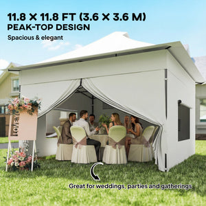 12 x 12 ft Pop Up Canopy Tent with Peak Top, UPF 50+ 420D Fabric, Outdoor Instant Portable Canopy Shelter with Sidewalls, Side Pockets, Wheeled Carry Bag, Sandbags, Silver